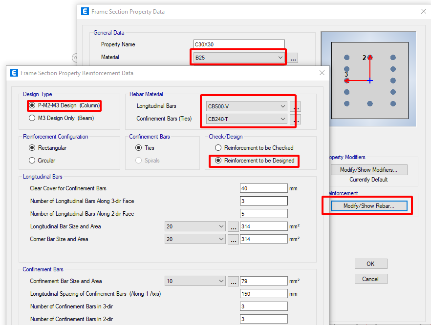 Gán các thông số tính toán cho cột