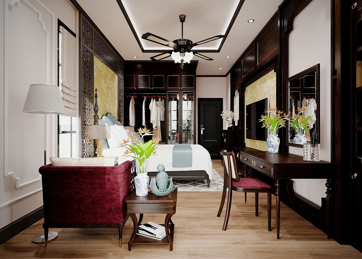 Phòng ngủ nhà Anh Khánh với hệ tủ gỗ tối màu
