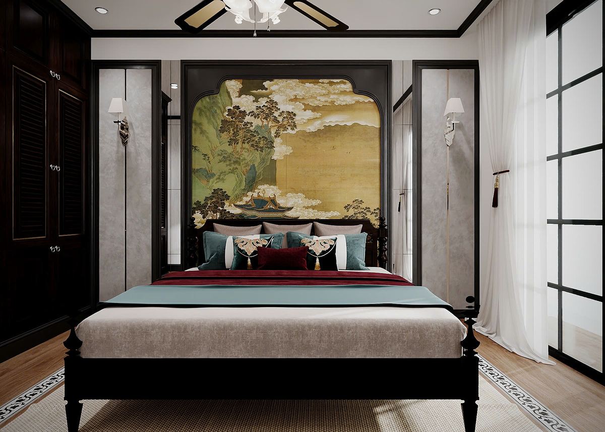 Giường ngủ nhà Anh Khánh với mảng trang trí mang nét Đông Dương