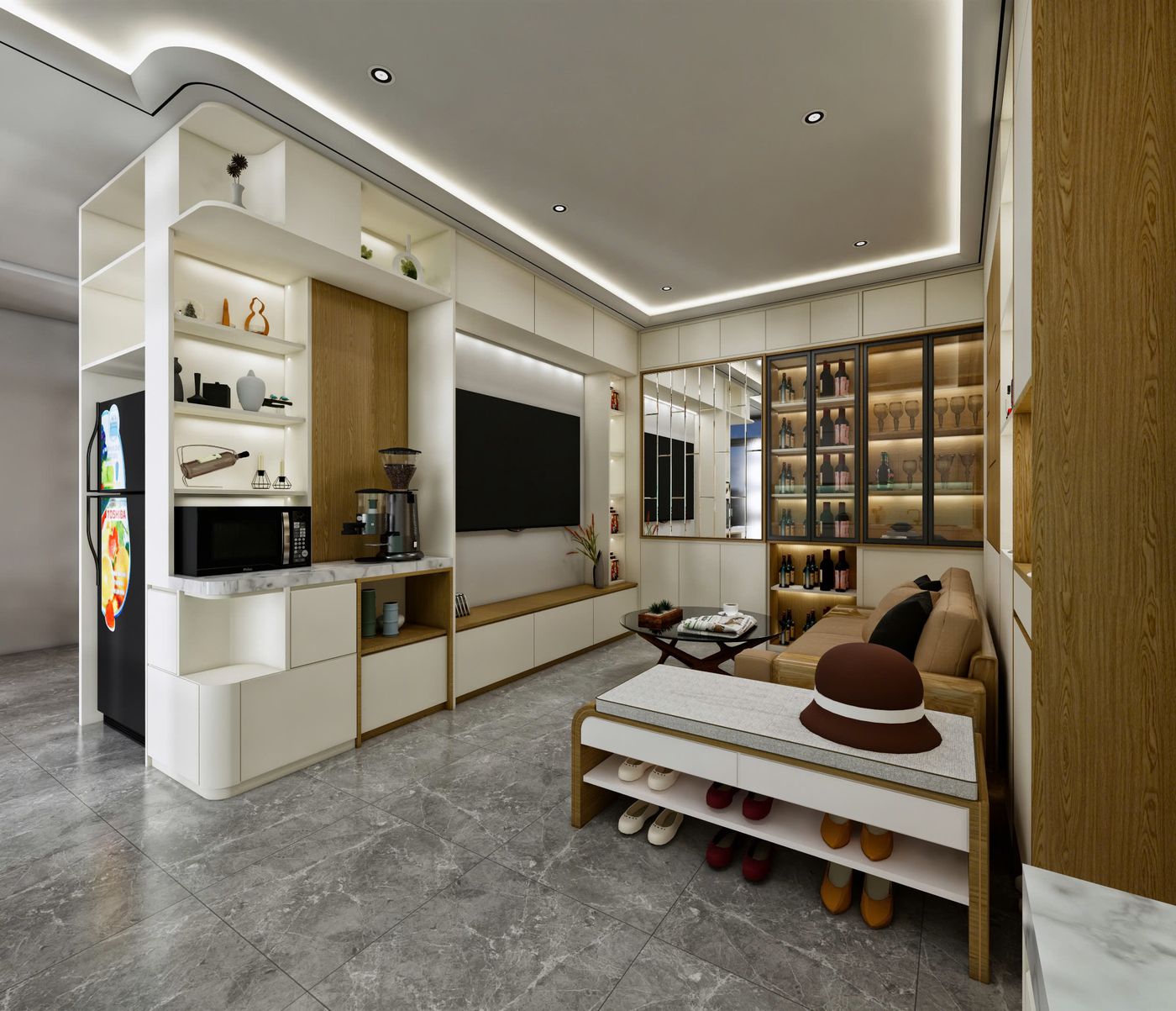 Thiết kế phòng khách chung cư nhà Anh Hòa hiện đại và gọn gàng